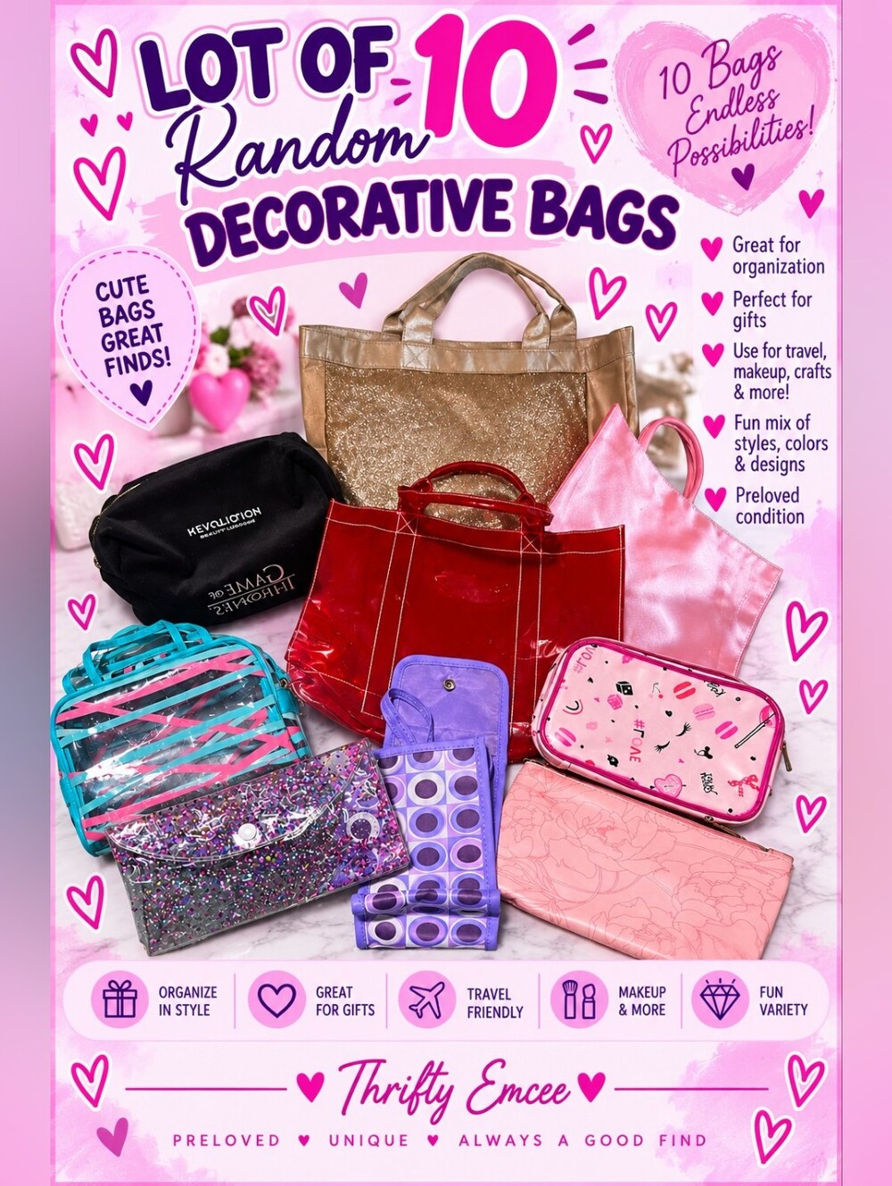 Lot of 10 Women’s Decorative Bags — Mixed Sizes & Colors
